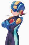  1boy blue_headwear blurry bodysuit brown_hair covered_collarbone covered_navel crossed_arms depth_of_field green_eyes grey_background helmet highres looking_at_viewer male_focus mega_man_(series) mega_man_battle_network_(series) megaman.exe parted_lips purple_bodysuit short_hair simple_background solo spiked_hair standing twitter_username zero-go 