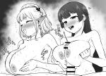  2boys 2girls :d ^_^ absurdres bar_censor black_hair blush breasts breasts_squeezed_together censored closed_eyes completely_nude cum ear_blush earrings ejaculation elf elu_(nijisanji) greyscale hetero highres jewelry kaiman_garupan large_breasts large_penis long_hair maid_headdress monochrome motion_lines multiple_boys multiple_girls nijisanji nipples nude open_mouth paizuri penis pointy_ears short_hair smile sweat tsukino_mito v-shaped_eyebrows very_long_hair virtual_youtuber 