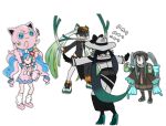  blue_hair crossover dress gradient_hair grey_hair hat hatsune_miku high_heels jigglypuff meme multicolored_hair multiple_persona noyeshr official_alternate_costume official_alternate_hairstyle outstretched_arms parody pink_hair pokemon pokemon_(creature) prattkeeping_(meme) spring_onion twintails two-tone_hair vocaloid 