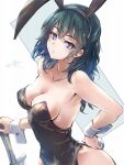 1girl animal_ears black_hair black_leotard blue_eyes blue_hair breasts byleth_(female)_(fire_emblem) byleth_(fire_emblem) clear_glass_(mildmild1311) detached_collar fake_animal_ears fake_tail fire_emblem fire_emblem:_three_houses hand_on_hip highres leotard looking_at_viewer medium_breasts medium_hair multicolored_hair playboy_bunny rabbit_ears rabbit_tail solo strapless sword tail watermark weapon 