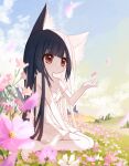  1girl animal_ears bare_arms bare_shoulders barefoot black_hair blue_sky brown_eyes cloud collarbone commentary_request day dress flower highres long_hair on_grass original outdoors petals pink_flower sitting sky sleeveless sleeveless_dress solo strap_slip very_long_hair wariza white_dress white_flower yuuhagi_(amaretto-no-natsu) 