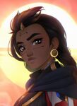  1girl angryraccoonart black_hair blue_cape braid cape closed_mouth dark-skinned_female dark_skin earrings facial_mark highres illari_(overwatch) jewelry overwatch overwatch_2 simple_background solo sun twitter_username upper_body 