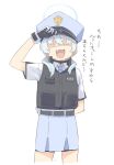  1girl belt blue_archive blue_hair fang hair_over_eyes halo hat long_hair low_twintails necktie peaked_cap pleated_skirt police police_uniform policewoman satsuyo skirt translation_request twintails uniform vest white_background 
