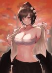  1girl absurdres bare_shoulders black_skirt black_wings breasts brown_hair chest_sarashi cleavage collarbone feathered_wings hat highres large_breasts navel open_clothes open_shirt outdoors pom_pom_(clothes) sarashi shameimaru_aya shirt short_hair skirt solo stomach tokin_hat touhou white_shirt wings yagoro_kusuriya 