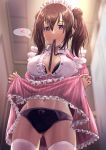  1girl absurdres alice_gear_aegis ass_visible_through_thighs black_bra black_panties blush bow bow_panties bra breasts brown_hair bureikubureido clothes_lift frilled_skirt frills front-hook_bra hair_between_eyes heart highres kimikage_yui lace-trimmed_bra lace-trimmed_panties lace_trim long_hair maid maid_headdress medium_breasts name_tag navel open_bra open_clothes open_shirt panties pink_skirt purple_eyes sidelocks skirt skirt_lift solo spoken_heart swept_bangs thighhighs thighs twintails unbuttoned unbuttoned_shirt underwear white_thighhighs 