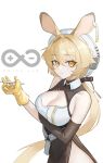  1girl absurdres animal_ears arknights arm_under_breasts asymmetrical_gloves bare_shoulders blonde_hair breasts cleavage crossed_bangs dorothy_(arknights) elbow_gloves gloves highres long_hair low_ponytail mismatched_gloves mouse_ears mouse_girl rhine_lab_logo shirt shortofsugar side_slit sleeveless sleeveless_shirt two-tone_shirt white_background white_headwear yellow_eyes yellow_gloves 