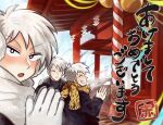  3boys akagi:_yami_ni_oritatta_tensai akagi_shigeru animal_print black_coat black_eyes bright_pupils closed_eyes closed_mouth coat cold commentary_request earmuffs gloves grey_hair grey_sweater grin hair_between_eyes highres keroko_(keroooon) long_sleeves looking_at_another looking_at_viewer mahjong mahjong_tile male_focus medium_bangs multiple_boys multiple_persona open_mouth praying print_scarf rope scarf shide shimenawa short_hair shrine smile sweater ten_(manga) tiger_print translation_request upper_body white_gloves white_hair white_pupils white_scarf 