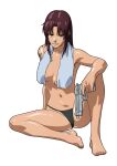  1girl antonio_malara bare_legs barefoot black_lagoon black_panties breasts brown_eyes brown_hair commission feet full_body grin gun handgun highres holding holding_gun holding_weapon knee_up legs long_hair looking_at_viewer medium_breasts navel panties revy_(black_lagoon) shoulder_tattoo smile solo tattoo toenails toes towel towel_around_neck tribal_tattoo underwear weapon white_background 