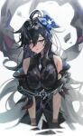  1girl absurdres ahoge bare_shoulders black_dress black_hair blue_flower blurry breasts bright_pupils chun_nam commentary dress elsword facing_viewer flower hair_between_eyes hair_flower hair_ornament highres large_breasts long_bangs long_hair looking_down nisha_labyrinth_(elsword) off-shoulder_dress off_shoulder parted_lips purple_eyes sleeveless sleeveless_dress solo symbol-only_commentary upper_body white_pupils 