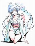  1girl agahari bare_legs blue_eyes blue_hair breasts full_body highres japanese_clothes jigoku_sensei_nube kimono long_hair long_sleeves sash short_kimono sidelocks smile solo white_kimono yukime_(jigoku_sensei_nube) 