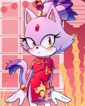  1girl absurdres alternate_costume animal_ears blaze_the_cat blush cat_ears cat_tail chinese_clothes cuteytcat furry furry_female gloves highres looking_at_viewer red_robe robe solo sonic_(series) tail white_gloves 
