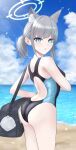  absurdres animal_ear_fluff animal_ears ass bag beach black_one-piece_swimsuit blue_archive blue_eyes blue_sky breasts cloud competition_swimsuit cowboy_shot cross_hair_ornament day extra_ears from_behind grey_hair hair_ornament halo highres horizon likuo looking_at_viewer looking_back low_ponytail medium_hair mismatched_pupils multicolored_clothes multicolored_swimsuit ocean official_alternate_costume one-piece_swimsuit outdoors shiroko_(blue_archive) shiroko_(swimsuit)_(blue_archive) sky small_breasts standing swimsuit wolf_ears 
