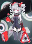  1girl absurdres bare_shoulders black_gloves black_leotard black_thighhighs breasts bronya_zaychik bronya_zaychik_(black_nucleus) closed_mouth cropped_legs drill_hair elbow_gloves error1980 gloves glowing grey_background grey_hair hair_ornament highres honkai_(series) honkai_impact_3rd leotard looking_at_viewer project_bunny red_eyes small_breasts thighhighs twin_drills 