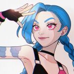  1girl bare_shoulders bikini black_bikini black_gloves blue_hair braid cloud_tattoo collarbone ear_piercing earrings fingerless_gloves gloves hair_over_one_eye hand_up jewelry jinx_(league_of_legends) league_of_legends long_hair piercing pink_bikini pink_eyes solo suku_(downy) swimsuit twin_braids twintails 