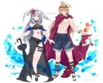  1boy 1girl alternate_costume amputee bikini blonde_hair breasts cleavage cloak eyewear_on_head feathered_wings grey_hair head_wings highres long_hair male_swimwear melia_antiqua mugimugis red_cloak sandals scar shulk_(xenoblade) smile standing swim_trunks swimsuit umbrella wings xenoblade_chronicles_(series) xenoblade_chronicles_3 xenoblade_chronicles_3:_future_redeemed 