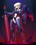  1girl adapted_costume armored_boots artoria_pendragon_(fate) blonde_hair boots clothing_cutout excalibur_morgan_(fate) fate/grand_order fate/stay_night fate_(series) full_body gauntlets high_heels highleg highleg_leotard highres holding holding_sword holding_weapon leotard looking_at_viewer mecha_musume mechanical_wings navel pale_skin saber_alter solo standing stomach_cutout substance20 sword thigh_boots weapon wings yellow_eyes 