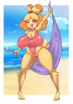  2023 4_fingers absurd_res animal_crossing anthro beach biped blurred_background boingfarm camel_toe canid canine canis clothed clothing domestic_dog female fingers hi_res isabelle_(animal_crossing) mammal navel nintendo one_eye_closed sand sea seaside sky smile solo water yellow_body 