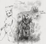  2023 anthro bethesda_softworks black_and_white breasts clothed clothing decapitation elf felid female female_focus genitals gore group hi_res humanoid katia_managan khajiit kneeling line_art looking_at_viewer male mammal monochrome nude prequel_adventure pussy sabrotiger severed_head solo_focus the_elder_scrolls webcomic whiskers 
