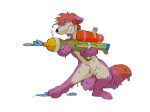  anthro biped blitzstoat_(gyro) blue_eyes countershading fur hi_res male mammal markings mustelid musteline oselotti paws purple_body red_markings stoat super_soaker tan_body toy toy_gun true_musteline water_gun weasel wet wet_body wet_fur 