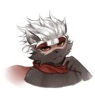  2019 adkt anthro brown_body brown_fur canid canine canis domestic_dog fur hair hi_res lifewonders looking_at_viewer male mammal red_eyes scarf simple_background solo tadatomo tokyo_afterschool_summoners white_hair yellow_sclera 