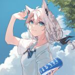  1girl absurdres ahoge animal_ear_fluff animal_ears arm_up black_bow blue_bow blue_bowtie bow bowtie braid breasts can cloud cloudy_sky commentary_request day earrings extra_ears fox_ears fox_girl green_eyes hair_between_eyes hair_bow hakua_(aiziro_039) highres holding holding_can hololive jewelry long_hair looking_at_viewer outdoors shirakami_fubuki shirt short_sleeves sidelocks single_braid sky small_breasts smile solo summer virtual_youtuber white_hair white_shirt 