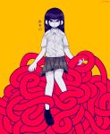  1girl black_footwear black_hair black_skirt blunt_bangs closed_mouth collared_shirt colored_skin empty_eyes english_commentary highres holding long_hair looking_at_viewer monoe pmoth shirt short_sleeves simple_background skirt smile solo surreal tentacles white_shirt white_skin yellow_background yume_nikki 