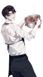  1boy :d apron artem_wing_(tears_of_themis) black_apron black_pants blue_eyes brown_hair chef clip_studio_paint_(medium) collared_shirt food highres holding looking_at_viewer looking_back male_focus missedyellowhat pants shirt short_hair simple_background sleeves_rolled_up smile solo soup tears_of_themis white_background white_shirt 