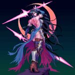  1girl armor backless_outfit bare_shoulders black_hair boots breasts bridal_gauntlets castlevania castlevania:_order_of_ecclesia dress energy_sword from_behind full_body gloves long_hair moon omegachaino pixel_art shanoa solo standing sword tattoo thigh_boots thighhighs very_long_hair weapon 