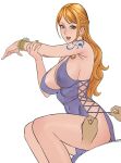  1girl 1other absurdres armpits blue_dress bracelet breasts cleavage dress earrings highres jewelry large_breasts long_hair nami_(one_piece) one_piece open_mouth orange_eyes orange_hair parted_bangs simple_background sitting tattoo teeth uukkaa white_background 