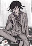  1boy absurdres arm_support black_hair blush checkered_floor checkered_necktie cream cream_on_face danganronpa_(series) danganronpa_10th_anniversary_costume danganronpa_v3:_killing_harmony flipped_hair food food_on_face fork grey_footwear grey_jacket grey_pants grey_vest highres holding holding_fork jacket long_sleeves looking_at_viewer necktie oma_kokichi open_clothes open_jacket pants pink_shirt purple_eyes shirt solo vest wa_noko 