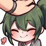  1boy 1girl blush closed_eyes emoticon green_hair headpat heart igarashi_futaba_(shiromanta) lowres medium_hair office_lady panqlao ponytail senpai_ga_uzai_kouhai_no_hanashi smile solo watch 