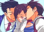  1girl 2boys ace_attorney antenna_hair apollo_justice black_hair blue_background blue_cape blue_jacket blue_vest border boy_sandwich brown_hair cape closed_eyes closed_mouth collared_shirt forked_eyebrows gloves hands_on_own_cheeks hands_on_own_face jacket kiss kissing_cheek lapel_pin lapels multiple_boys necktie phoenix_wright pink_necktie platonic_kiss portrait ragi_(od6fine) red_scarf sandwiched scarf shirt short_hair simple_background smile spiked_hair swept_bangs trucy_wright vest white_gloves white_shirt 