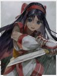  1girl ainu_clothes black_hair blood blood_on_clothes blood_on_face blue_eyes bow fighting_stance fingerless_gloves gloves hair_bow hairband heavy_breathing highres holding holding_knife knife long_hair looking_at_viewer nakoruru oni_gini open_mouth rain red_bow samurai_spirits solo weapon wet 