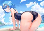  1girl all_fours ass beach blue_eyes blue_hair blue_sky blush cameltoe cleft_of_venus cloud cloudy_sky highres lana_(pokemon) looking_at_viewer looking_back nobita_(nbnobita) one-piece_swimsuit open_mouth outdoors pokemon pokemon_(game) pokemon_sm school_swimsuit short_hair sky solo swimsuit thick_thighs thighs water wet 