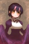  1girl bird black_hair bow bowtie closed_mouth dress highres hikarikmy humboldt_penguin humboldt_penguin_(kemono_friends) kemono_friends kemono_friends_v_project looking_at_viewer multicolored_hair penguin penguin_girl purple_dress purple_hair red_background short_hair simple_background solo two-tone_hair virtual_youtuber yellow_eyes 