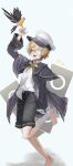  1boy 1other bandage_over_one_eye bandaged_foot bandaged_leg bandages barefoot bird bird_on_hand black_shorts blonde_hair blue_capelet blue_jacket capelet coat collared_shirt commentary dal_segno_(symbol) elpuchi finch hat highres jacket james_(vocaloid) leg_up light_blue_background looking_at_viewer male_focus oliver_(vocaloid) one_eye_covered open_clothes open_jacket open_mouth pet ribbon sailor_collar sailor_hat shirt shorts smile speaker standing standing_on_one_leg vocaloid white_shirt yellow_eyes yellow_ribbon 