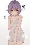  1girl absurdres bare_shoulders blush collarbone flying_sweatdrops heartbeat highres holding holding_towel idolmaster idolmaster_cinderella_girls koshimizu_sachiko looking_at_viewer naked_towel purple_hair rr_(temd7345) short_hair simple_background solo steam towel white_background 