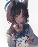  1boy 1girl absurdres animal_ear_fluff animal_ears arona&#039;s_sensei_doodle_(blue_archive) betabeet black_eyes black_hair black_nails black_ribbon blue_archive blue_halo blue_neckerchief blue_sailor_collar bright_pupils cat&#039;s_cradle cat_ears closed_mouth halo hand_on_another&#039;s_head highres kikyou_(blue_archive) long_sleeves nail_polish neck_ribbon neckerchief parted_bangs ribbon sailor_collar sensei_(blue_archive) shirt short_hair simple_background upper_body white_background white_pupils white_shirt 