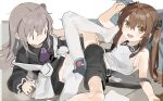  2girls aged_down brown_eyes brown_hair girls&#039;_frontline grey_hair hair_ribbon long_hair looking_at_viewer multiple_girls official_alternate_costume one_side_up open_mouth pantyhose ribbon scar scar_across_eye scar_on_face scarf_on_head shorts suspenders twintails ump45_(girls&#039;_frontline) ump9_(girls&#039;_frontline) white_pantyhose yellow_eyes yuki_hotaru 