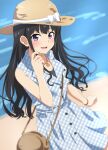  1girl :d bag black_hair blue_dress blush bow brown_headwear casual collarbone commentary_request dars_(recolors) dress handbag hat hat_bow highres inoue_takina long_hair lycoris_recoil open_mouth plaid plaid_dress purple_eyes sleeveless sleeveless_dress smile solo sun_hat white_bow 