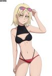  1girl absurdres bikini bleach blonde_hair blush breasts cleavage closed_mouth collarbone eyewear_on_head fang freckles hair_down highres looking_at_viewer mistowing navel sarugaki_hiyori short_hair simple_background small_breasts solo sunglasses swimsuit white_background yellow_eyes 