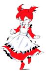  1girl :d arc_the_lad choko_(arc_the_lad) closed_eyes dress full_body happy monochrome ooo open_mouth red_dress red_hair red_theme short_hair short_twintails simple_background smile solo spot_color twintails white_background 