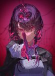  1girl black_jacket chest_harness closed_mouth collared_shirt commentary eyewear_on_head gloves harness highres honkai:_star_rail honkai_(series) jacket kafka_(honkai:_star_rail) looking_at_viewer palwoli1 pince-nez pink_background purple-tinted_eyewear purple_background purple_eyes purple_gloves purple_hair round_eyewear shirt simple_background solo spider_web_print sunglasses thread tinted_eyewear 