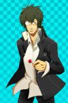  black_jacket blue_background brown_eyes brown_hair candy derivative_work food gabriel_cunningham glasses holding holding_candy holding_food holding_lollipop hospital_rokunin_no_ishi jacket lollipop persona persona_4 shirt warldou white_shirt 