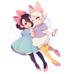  2girls black_pantyhose bloomers blue_dress bow bracelet brown_eyes daisy_duck disney dress earrings garter_straps hairband high_heels holding_hands jewelry kiri_futoshi minnie_mouse multiple_girls pantyhose personification pink_bow pink_footwear puffy_shorts purple_shirt shirt short_hair shorts simple_background smile underwear white_shirt yellow_pantyhose 