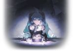  1girl aqua_gemstone bare_shoulders black_background black_bow black_choker black_dress black_gloves bow choker coin dress elbow_gloves gloves hair_bow hatsune_miku highres jewelry jewelry_box light long_hair necklace official_art project_sekai rella sekai_no_housekibako sidelocks sleeveless sleeveless_dress solo transparent_background twintails very_long_hair vocaloid 