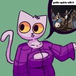  1:1 animated anthro cleavage_cutout clothed clothing digital_media_(artwork) domestic_cat felid feline felis female gettin_squirty_with_it king_gizzard_and_the_lizard_wizard mammal simple_background smile solo tail thegunkster yellow_eyes 