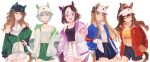  5girls absurdres alternate_costume animal_ears arm_at_side bare_shoulders baseball_cap black_shirt black_shorts blue_eyes blue_jacket blush breasts brown_choker brown_eyes brown_hair bucket_hat camisole choker cleavage collarbone commentary commentary_request cowboy_shot crop_top ear_bow ear_covers ears_through_headwear el_condor_pasa_(umamusume) flower golden_generation_(umamusume) grass_wonder_(umamusume) green_jacket green_shorts hair_flower hair_ornament hairclip hand_in_pocket hands_in_pockets hat highres horse_ears horse_girl horse_tail jacket jewelry king_halo_(umamusume) light_green_hair long_hair long_sleeves looking_at_viewer maid_headdress mask medium_breasts midriff multicolored_hair multiple_girls navel necklace off_shoulder open_clothes open_jacket open_mouth outstretched_arm parted_lips ponytail puffy_long_sleeves puffy_sleeves purple_eyes reaching reaching_towards_viewer rio_(rio_067) scrunchie seiun_sky_(umamusume) shirt short_hair shorts simple_background single_bare_shoulder single_ear_cover small_breasts smile special_week_(umamusume) sunflower sunflower_hair_ornament sweatband symbol-only_commentary tail tank_top twitter_username two-tone_hair umamusume v visor_cap wavy_hair white_background white_camisole white_headwear white_jacket white_shirt white_shorts zipper_pull_tab 