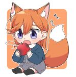  1girl absurdres animal_ear_fluff animal_ears apple black_socks blue_jacket blush border chibi commentary_request cropped_jacket dress fangs food fox_ears fox_girl fox_tail fruit grey_dress hair_between_eyes highres holding holding_food holding_fruit jacket kashikaze kemonomimi_mode kneehighs long_sleeves love_live! love_live!_superstar!! medium_hair neck_ribbon open_clothes open_jacket open_mouth orange_background orange_hair outline outside_border pinafore_dress purple_eyes red_ribbon ribbon school_uniform shibuya_kanon sitting sleeveless sleeveless_dress socks solo tail white_border white_outline yuigaoka_school_uniform 