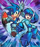  2boys animal_ears arm_up blue_bodysuit blue_eyes blue_footwear blue_fur blue_gloves blue_headwear bodysuit boots full_body gloves green_eyes hedgehog hedgehog_ears hedgehog_tail highres looking_at_viewer mega_man_(character) mega_man_(classic) mega_man_(series) multiple_boys open_mouth red_footwear shoes sonic_(series) sonic_the_hedgehog stoic_seraphim tail teeth thumbs_up upper_teeth_only v white_gloves 